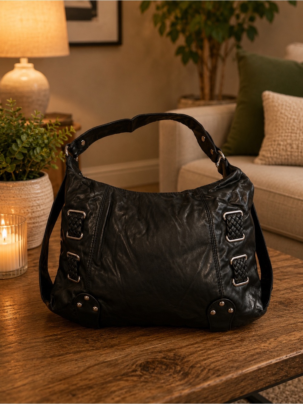Candies Classic Black Leather Hobo Bag - Women faux leather